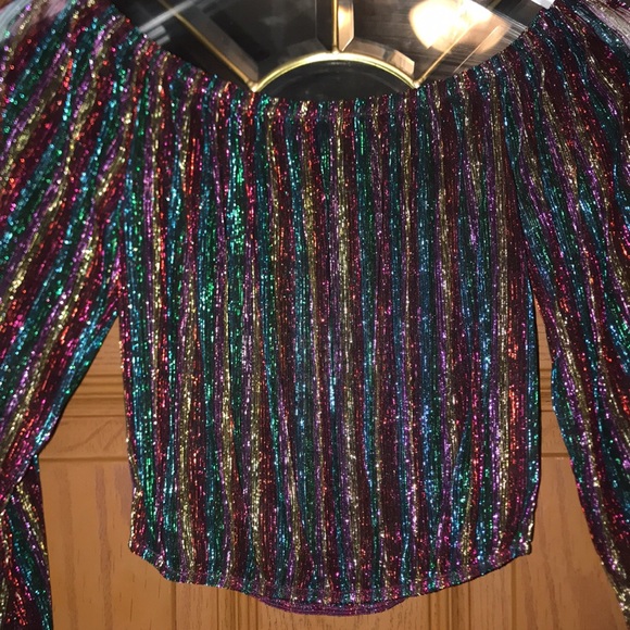 Windsor Black & Rainbow Striped Glitter Lux Off The Shoulder Cropped Blouse - Picture 7 of 14